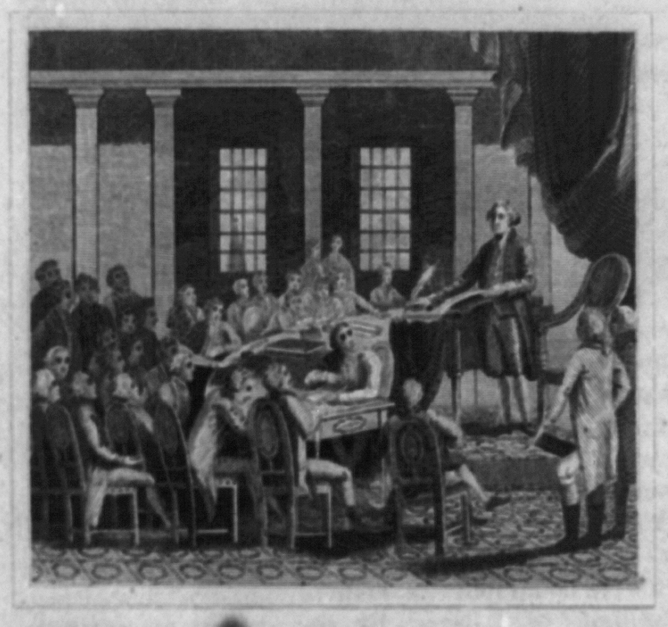 Print of a room full of men in 18th century dress sitting at desks deliberating the constitution.